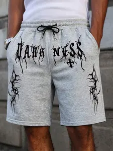 Men's Darkwear Gothic "DARKNESS" Print Shorts, Casual Hip Hop Sweatpants, Elastic Waist, Loose Knee-Length Shorts, Breathable Fabric, Urban Streetwear for Men, Ideal for Daily Wear, Skateboarding & Concerts