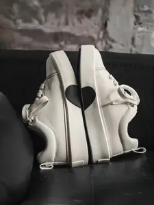 Unisex Fresh Sweet Sneakers: Cream Leather, Heart Sole, Thick Rope Laces. For Sweet Outfits/Date Looks