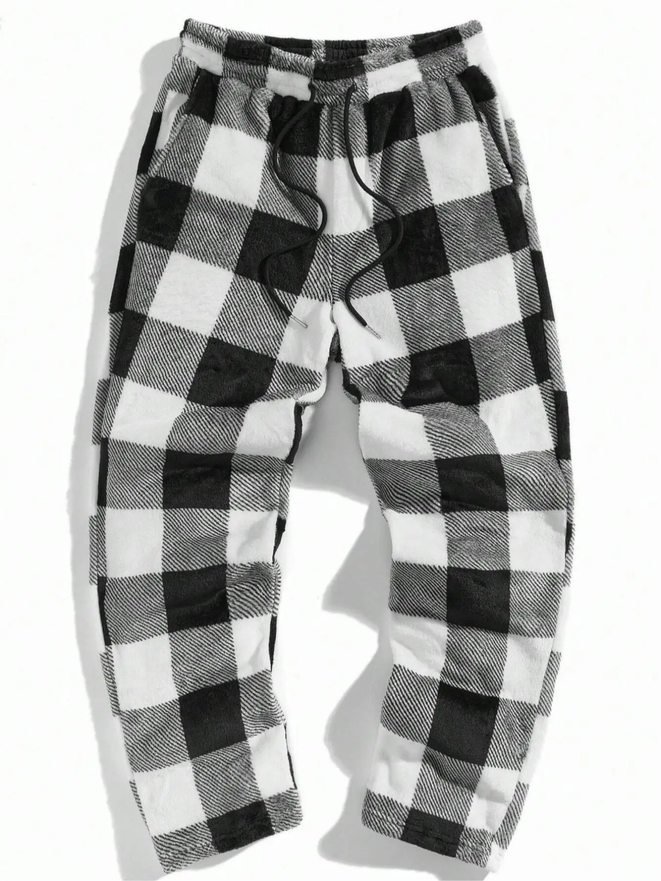 Men's Plaid Print Drawstring Waist Flannel Sweatpants, Regular Fit Casual Comfy Pocket Straight Leg Trousers for Fall & Winter, Men's Bottoms for Dail