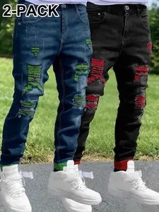 New trendy men’s jeans — long pants with bold colors and rips, 2-pack，distress detail
