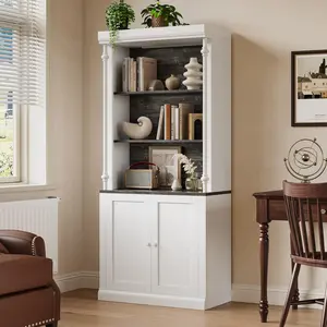 5-Tier Tall Adjustable Bookcase, Roman Column Bookshelf with Led Light, Open Shelves & Dual-Door Storage Cabinet Design, White & Black Wood Grain Display Bookcase for Home Office, Living Room
