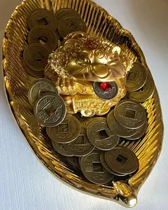 Golden Leaf dish for feng shui wealth bracelet , lucky gold frog or wealth coins 5.9”