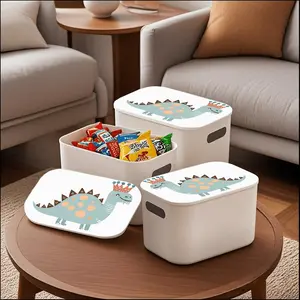 3-Piece White Storage Box (25x18x16cm (9.8x7x6.3in) Cute Queen Dinosaur Minimalist Illustration Multi functional Storage Box - Cosmetics, Toys, Office, School, Bathroom, Wardrobe, Snacks, Bedside, Medicine Storage