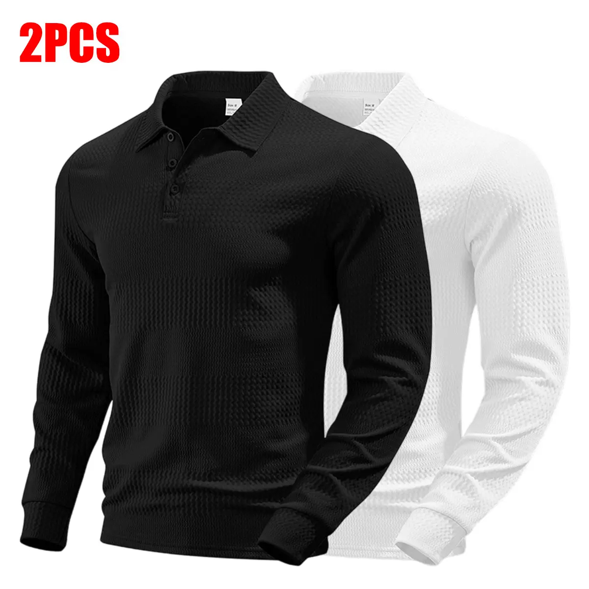 JOGWAVE 2PCS knitted long-sleeve polo shirts, fashionable men’s tops for autumn, crafted from textured jacquard fabric for a casual look, textured base layer, French vintage long-sleeve T-shirts, business-casual polo shirts.