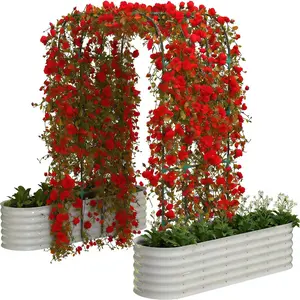Beige Raised Garden Bed with 96" Tall Vertical Arch Trellis – Expandable Rust-Resistant Planter Box for Outdoor Plants, Flowers, Herbs & Vines – Includes Plant Clips, Drainage Netting