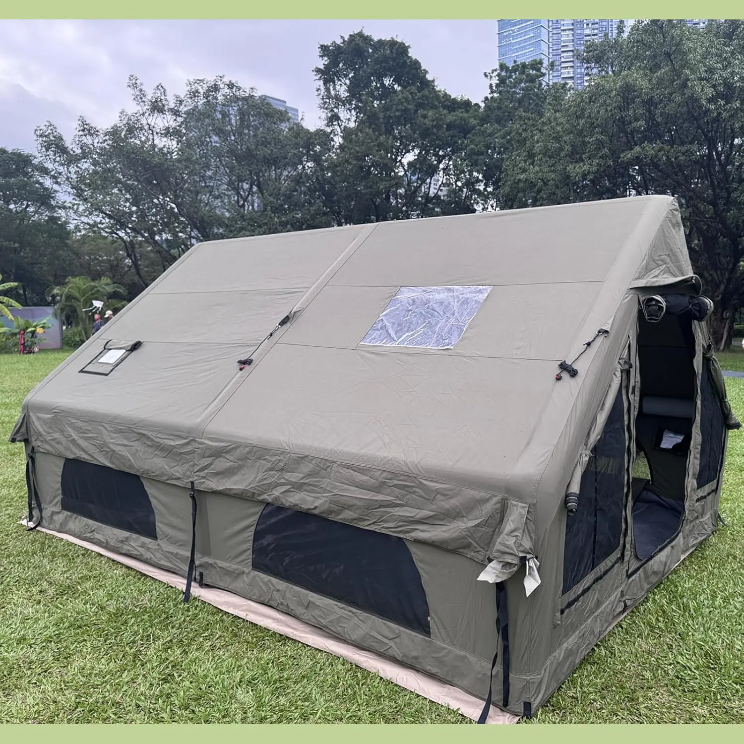 Luxury Large Inflatable Canvas Camping Tent, Skylight Stove Jack | 4-Season Cotton Hot Glamping Air Cabin House Tent, Easy Set Blow Up Big Family XXL AC Port Winter 6-8-10-12 person