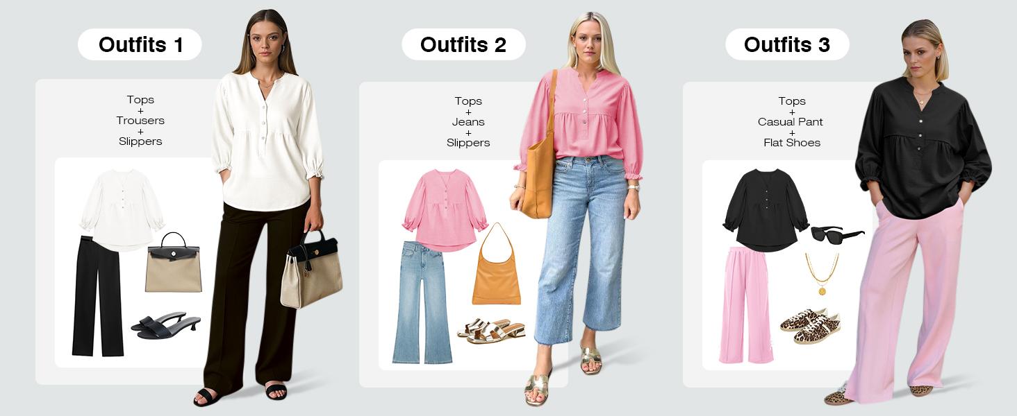 Tankaneo Womens Puff Sleeve Babydoll Tops V Neck Button Down Blouse Cute Casual Loose Fit Flowy Shirts