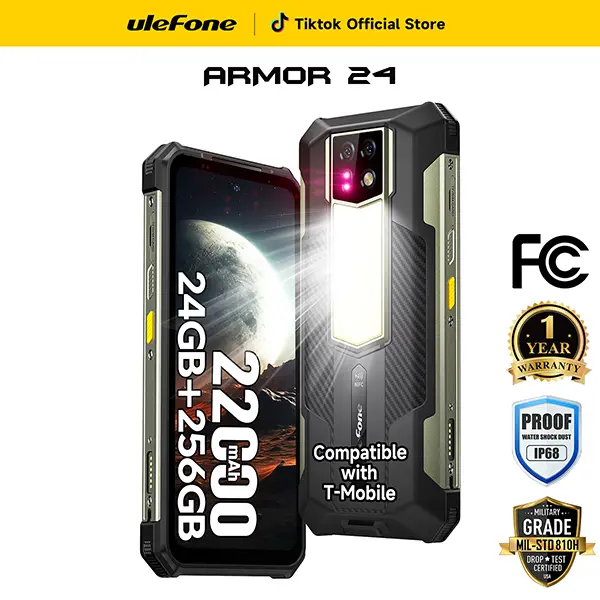 Ulefone Armor 24 Rugged Phones, 1000LM Camping Light IP68/69K, 22000mAh(66W), MTK Helio G96 24GB RAM+256GB ROM Android 13, 64MP+64MP Night Vision Camera, 6.78" FHD+ Corning Gorilla Screen, Dual 4G, IR Blaster