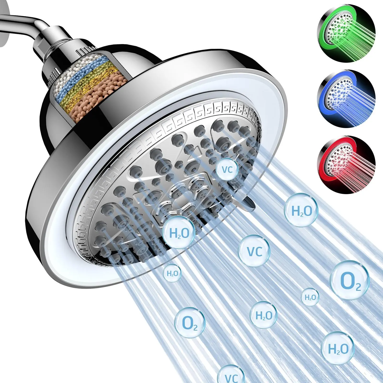 FEELSO High Pressure LED Filtered Shower Head - Wall Mounted Round Polished Bathroom Fixture, 3-Color Pressure-Driven LED Lights, Water Softener, Rainfall & Water-Saving Functions, SummerVibes Design, High Pressure Shower Head
