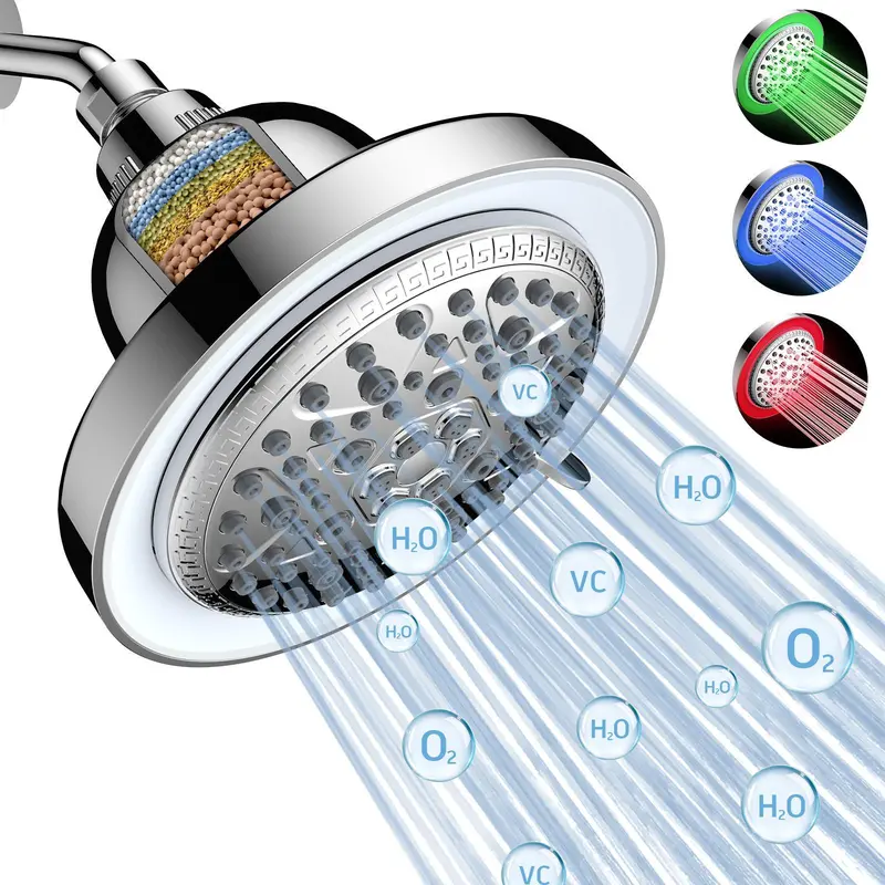 FEELSO High Pressure LED Filtered Shower Head - Wall Mounted Round Polished Bathroom Fixture, 3-Color Temp-Sense Pressure-Driven LED Lights, Water Softener, Rainfall & Water-Saving Functions, SummerVibes Design, Strong Spray, 7 Spray Modes, High Pressure