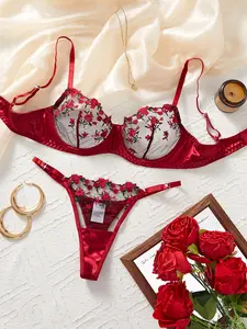 Women's Sexy Lingerie Set, Underwear Sets, Embroidered Floral Bra and Panty 2-Piece, Comfortable Pure Desire Thong, Valentine's Day Couple Atmosphere