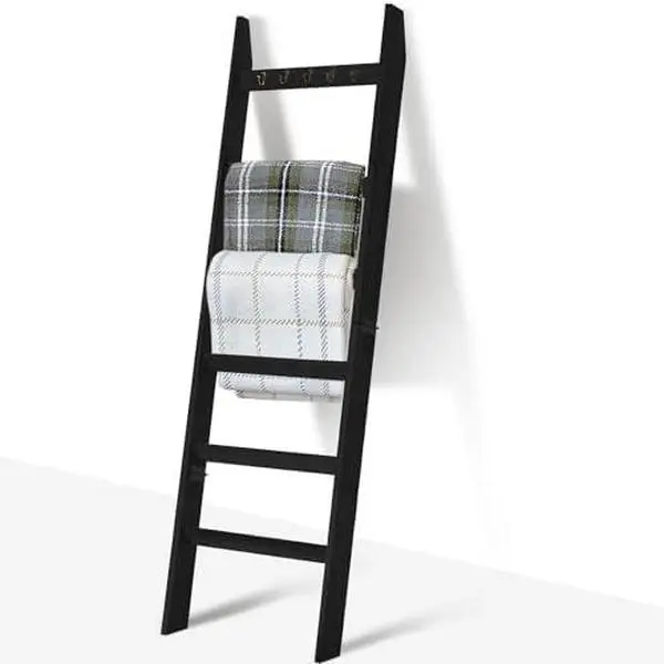 6-Tier Blanket Ladder  Living Room and Bedroom,5.4 Ft Wall Leaning Quilt Rack with Hooks,Rustic Decorative Farmhouse Blanket Storage,Stylish Ladder Holder,Christmas Decorations,Black