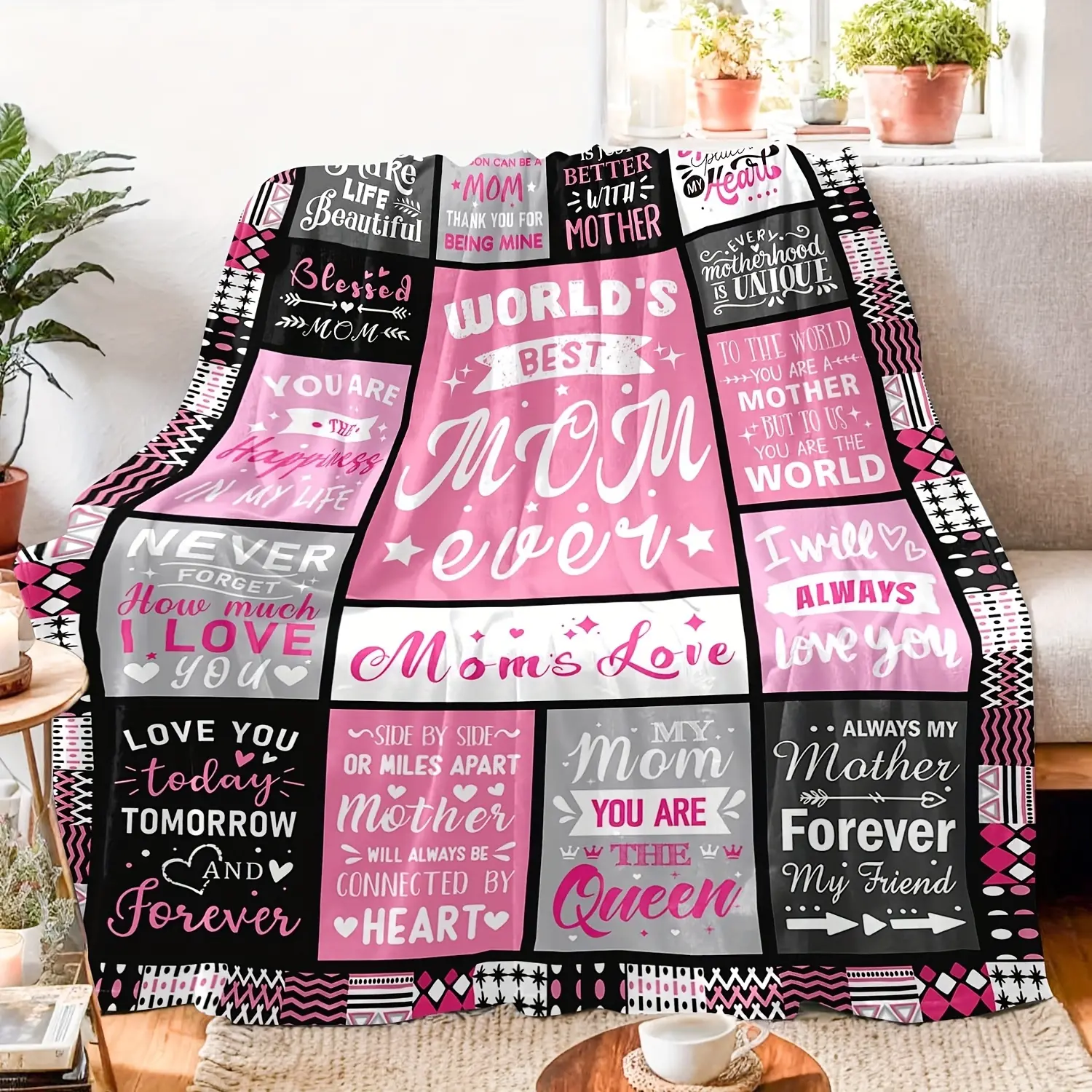 Soft Warm Fluffy Flannel Blanket - Pink & Black Checkered Print Stuff, 280GSM Cozy Aesthetic Wrinkle-Resistant All-Season Throw with Inspirational Messages, Heartfelt Gift for Mom from Child (Mother’s Day, Birthday), Soft Warm Blanket