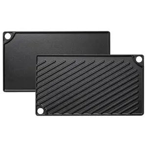 Reversible Grill/Griddle, 16.7x9.5'' Pre-Seasoned Cast Iron Griddle Pan, Double Burner Cookware, Rectangular Non-Stick Stovetop Griddle with Handles, Flat Top Plate for Oven, Grill & Campfire