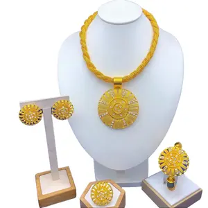 Women's 4-Piece Vintage Hand-Carved Leaf Medallion Gold Jewelry Set - Braided Mesh Chain Necklace, Drop Earrings, Bracelet, Ring - Traditional Middle Eastern African Wedding Statement Jewelry, Premium Holiday Gift