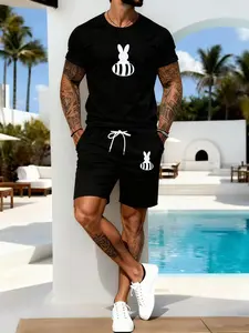 Men's Summer Fashion Set, Casual Short Sleeve T-Shirt Top + Breathable Shorts Two-Piece Set, Cool High-End Sporty Printed Loose Fit