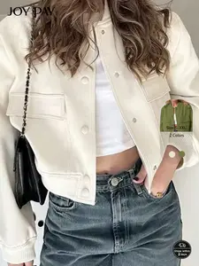 JOY PAV Cropped Utility Jacket for Women Casual Boxy Fit Button-Up Coat with Pockets, Trendy Outerwear for Office & Dinner, Classic Style Blazer     HZ24594