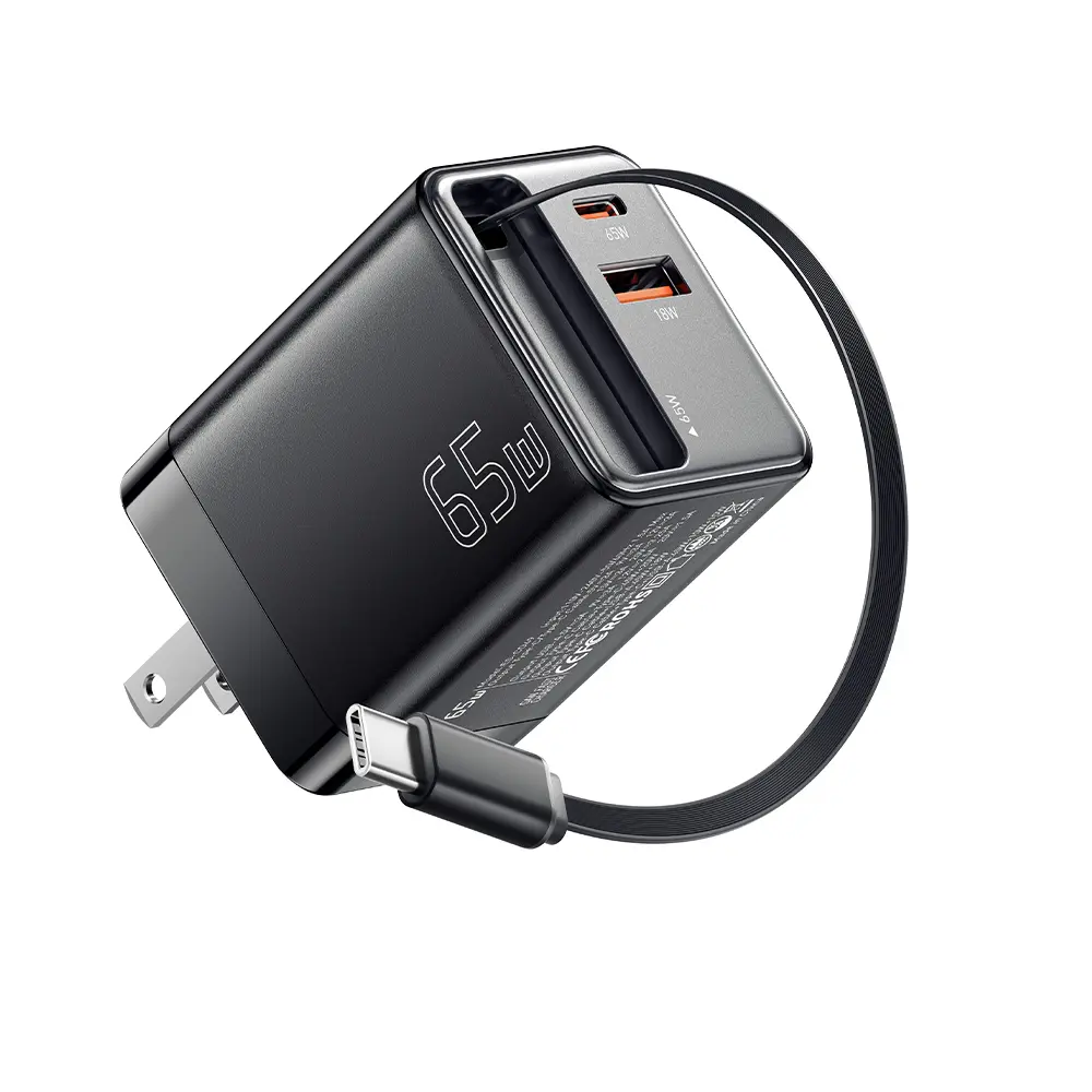 ESSAGER 65W GaN3 Fast Charger with Retractable Type-Cc and ligting Cable,Portable Adapter for iPhone 16, iPad, MacBook,Multi-Device Fast Charging, Folding Charing Cellphone Electronic Smartphone portable charger battery pack charger