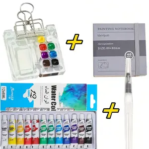 Portable 12-Color Watercolor Set with 8/15-Well Acrylic Palette, Watercolor Notebook, Brushes, Clips & Travel Painting Supplies | Ideal for Painters, Artists and Students
