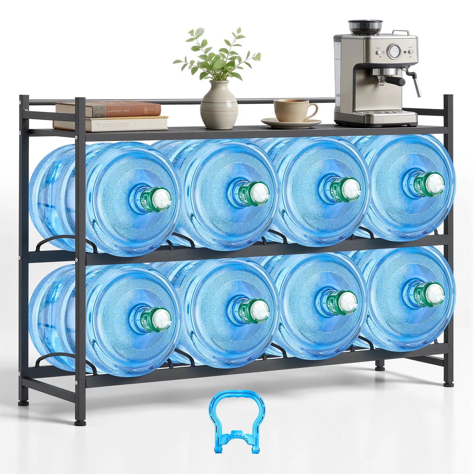 【summerfinds】VEVOR Water Jug Holder, 3 Tiers 4 Rows 3 and 5 Gallon Water Bottle Holder for 8 Bottles, Heavy Duty Jug Rack Organizer with Storage Shelf, Angled Design, for Kitchen, Office, Living Room, Black