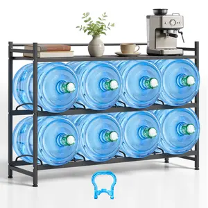 【fathersdaygift】VEVOR Water Jug Holder, 3 Tiers 4 Rows 3 and 5 Gallon Water Bottle Holder for 8 Bottles, Heavy Duty Jug Rack Organizer with Storage Shelf, Angled Design, for Kitchen, Office, Living Room, Black
