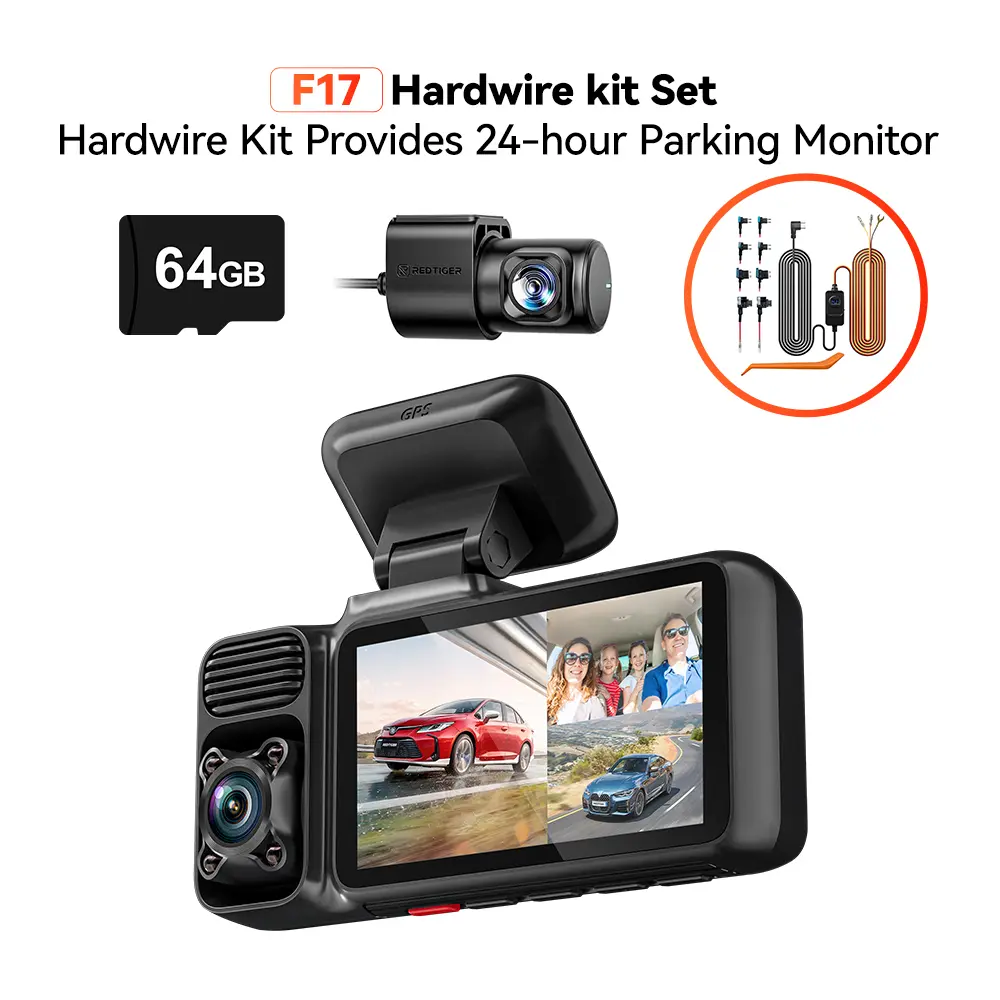 REDTIGER F17 4K 3-Channel Dash Cam with 5GHz WiFi GPS, 64GB Card, 2160P+1080P+1080P Cameras, IR Night Vision, Parking Mode, Car rvibes, Car VLOG, Summervibes