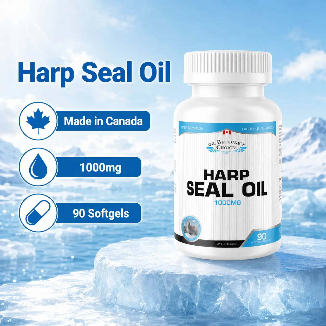 Dr. Bethune's Choice Harp Seal Oil 1000mg Supplement, Marine Oil Softgels for Daily Wellness Support, Made in Canada, 90 Softgels