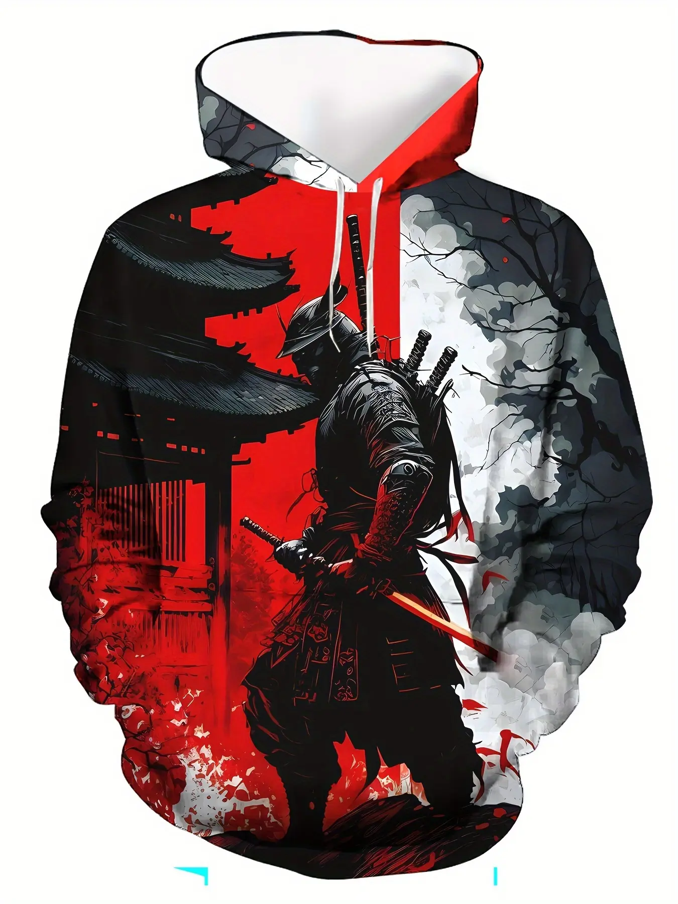 Men's Samurai 3D Printed Hoodie with Kangaroo Pocket - Casual Pullover Sweater, Long Sleeves, Polyester