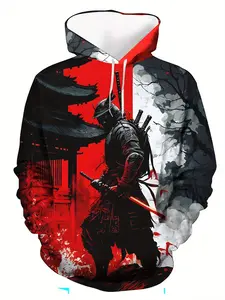 Men's Samurai 3D Printed with Kangaroo Pocket - Casual Pullover Sweater, Long Sleeves, Polyester, Casual Pullover Hoodies