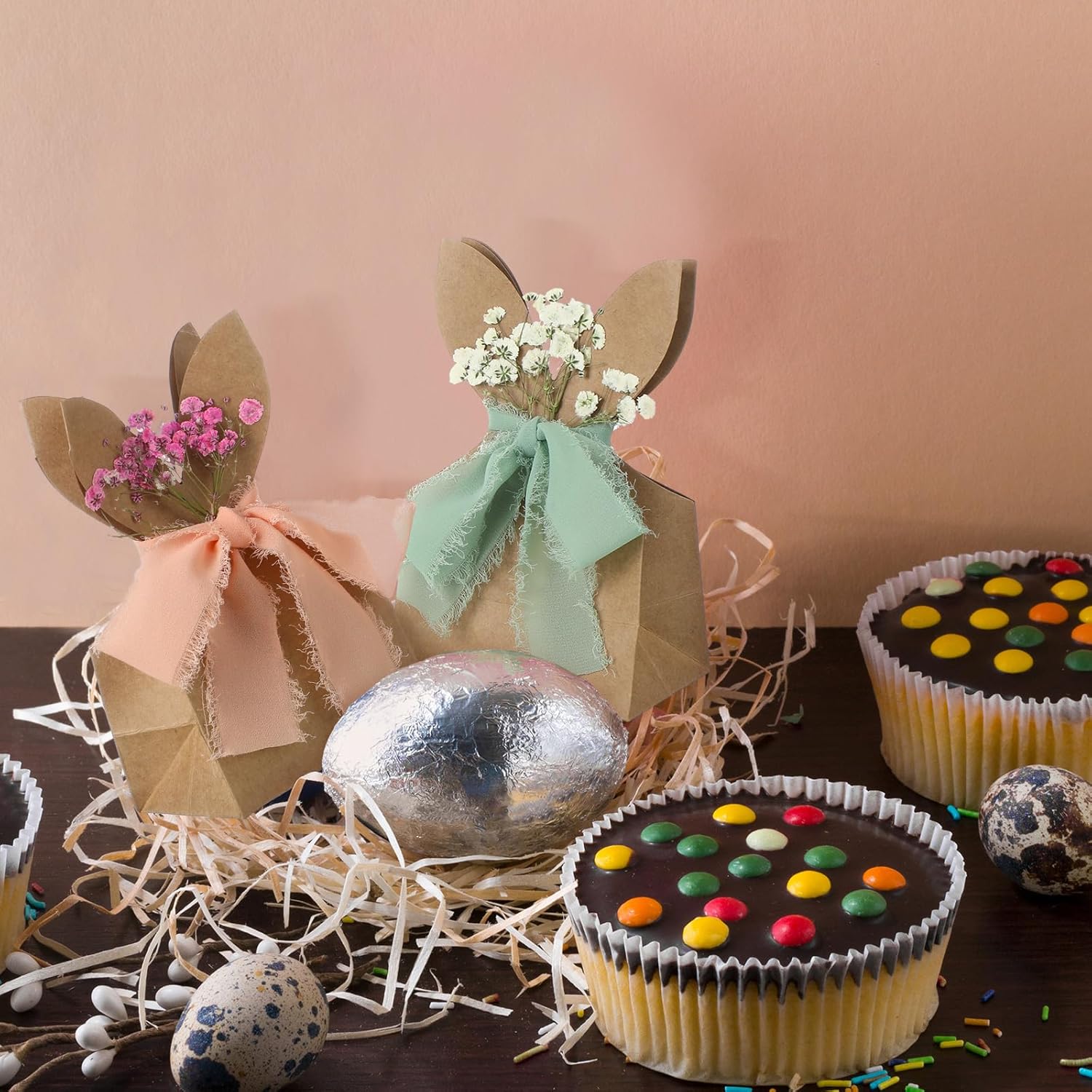 24/48 Pcs Boho Bow Easter Goodie Bags Bunny Paper Bags DIY Bunny Gift Boxes with Neutral Bow Ribbon Artificial Flower Rabbit Ear Treat Bags for Student Teacher Office Employee Coworker,School Classroom Table Decorations,Spring Birthday Wedding Party Favor