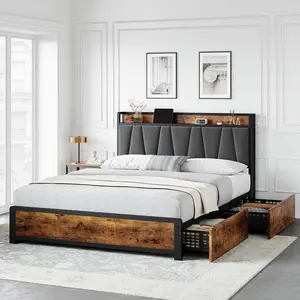 Full Size Linen Upholstered Platform Bed Frame with Storage – 4 Drawers, Charging Station & Vintage Brown Headboard, Wooden Slats Support, No Box Spring Needed, Easy Assembly