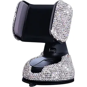 Bling Car Phone Holder, 360°Adjustable Universal Rhinestone Crystal Auto Phone Mount Stand Accessories for Windshield Dashboard and Air Outlet (White)