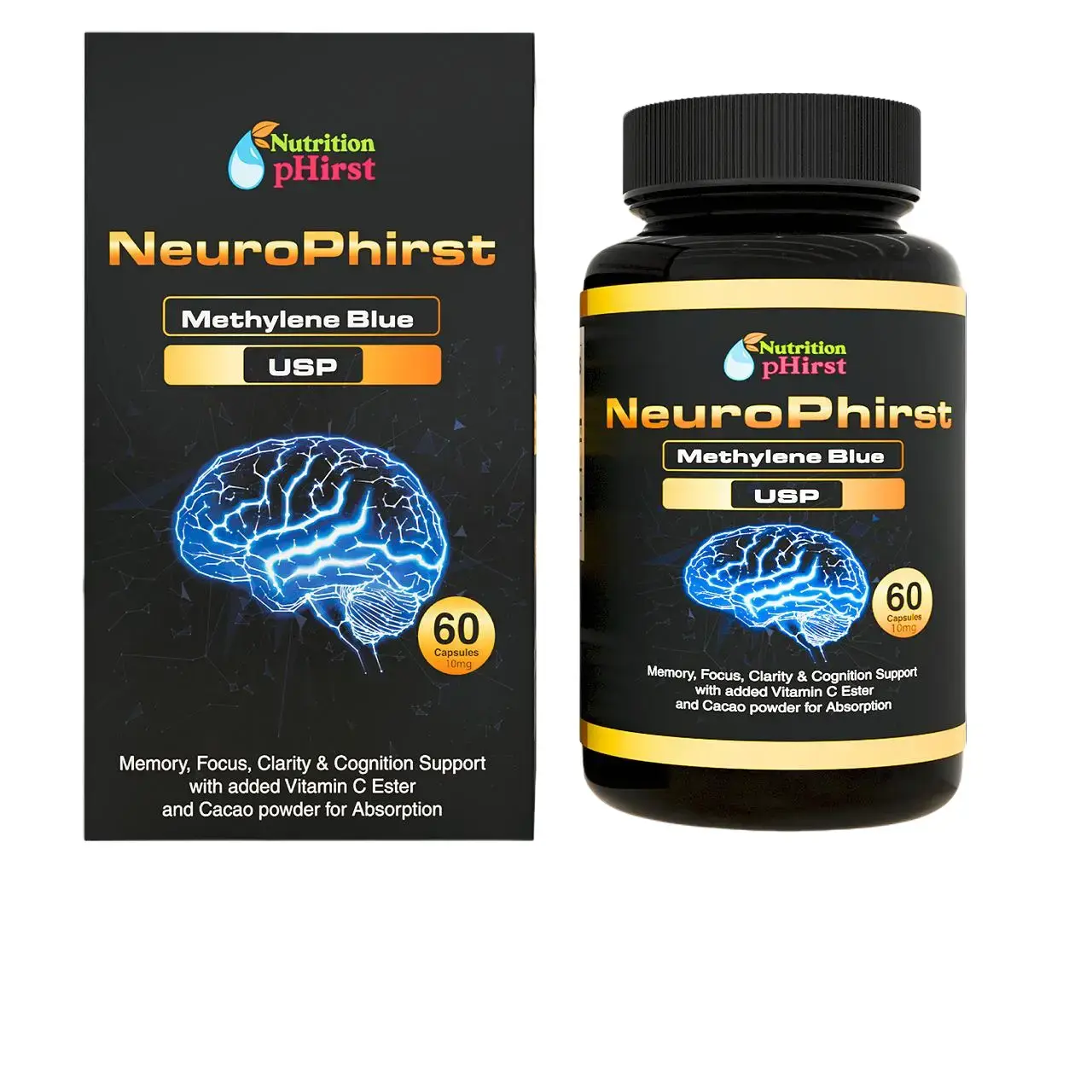 NeuroPhirst Methylene Blue Capsules - Pharmaceutical Grade Brain Support Supplement for Focus, Cognitive Clarity & Energy - 60 Capsules, 1 Month Supply