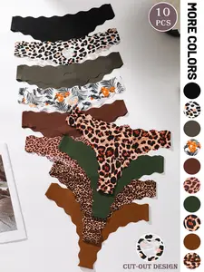 Ladies' thong underwear pack of 10, features a wavy edge hollow heart design, with a combination of printed and solid colors, suitable for all seasons and everyday wear as fitted women's lingerie and panties.