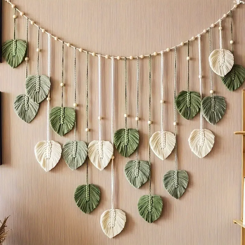 Vintage Boho Macrame Wooden DIY Craft Kit - Hangable Decorative Hanging Piece, Artificial Leaf Rustic Home Wall Room Accessories, French Country Gift for Engagement (Craft Ideas Included)