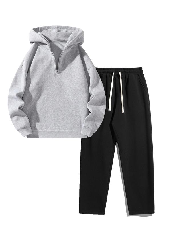 Autumn And Winter Two Piece Set Men'S Solid Color Casual Sports Suit, Half Zip Up Hooded Sweatshirt With Drawstring Waist And Pockets, Straight Leg - Fleece Lined, Warm Autumn Winter Outfit