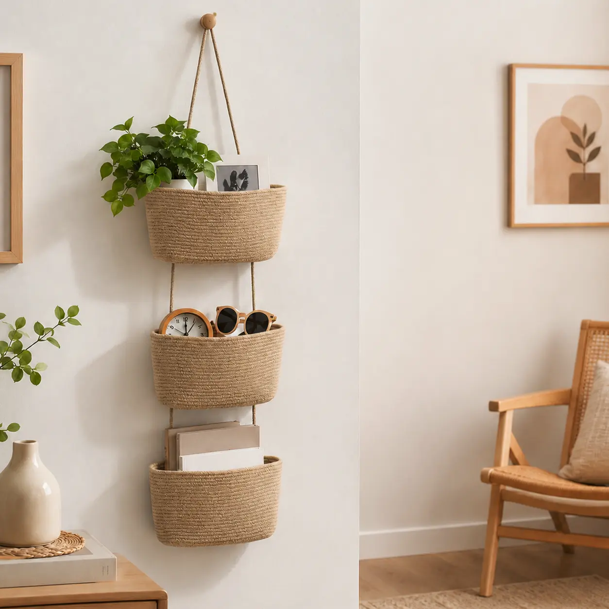 3 Tier Over The Door Hanging Organizer, Woven Cotton Storage Basket with Hooks, Boho Wall Mounted Hanging Bag for Bedroom Bathroom Nursery Pantry Dorm Room, Decorative Home Storage Solution for Baby Items, Towels, Toys and Daily Essentials