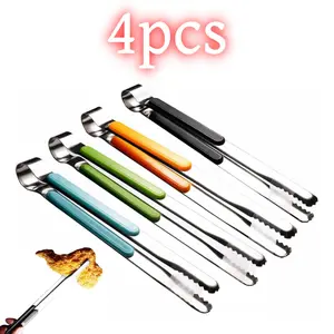 4 pack 10" Metal Food Tongs Stainless Steel Kitchen Tongs Serving Tongs with Non-Slip Comfort Grip for BBQ, Grilling and Serving