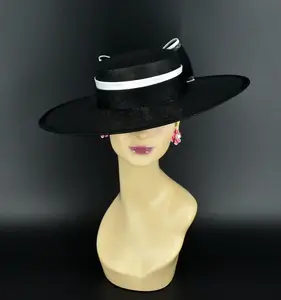M23156 Black/White Medium Flat Brim Sinamay Fascinator Hat for Kentucky Derby, Church, Wedding, Easter, Ascot Hats