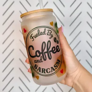 Fueled By Coffee And Sarcasm Glass Cup with Bamboo Lid and Plastic Straw, Glass Tumblers Drinkware Bottles
