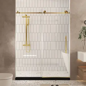 56-60" W x 76" H Frameless Shower Door, 1/4" (6mm) Clear Tempered Glass with Explosion Proof Film, Brushed Gold Stainless Steel Handle, Adjustable Width Sliding Bathroom Door