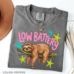 Comfort Colors Low Battery Sloth Shirt, Funny Lazy Animal Graphic Tee, Cute Sloth T-Shirt, Introvert Humor Top, Relaxed Vibes Gift