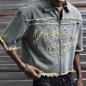 Men’s Summer Raw-Edge Letter Short-Sleeve Denim Jacket — Turn-down collar with zipper design, vintage wash fabric, cropped loose fit; a streetwear essential for trendy outings.