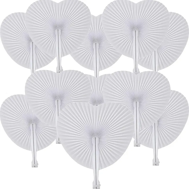 White Folding Fans, Lightweight Round and Heart Shaped Handheld Folding Accordion Paper Fans Assortment with Plastic Handle,Wedding Decorative Folding Hand Fan for Bridal Guest Church Party Favors Dancing Birthday DIY Decoration Items