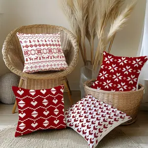 4pcs Red Christmas Theme Pattern Cushion Covers for Sofa and Chair,  Velvet Material, Single-Sided Printed Pillowcase Set, Home Decor (Excludes Insert)