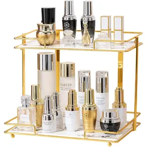 2 Tier Bathroom Cabinet Countertop Organizer Perfume Lipstick Makeup Organizer  Storage Display Rack  Tray Metal Dresser Storage Shelf White Marble Ceramic Tray Golden