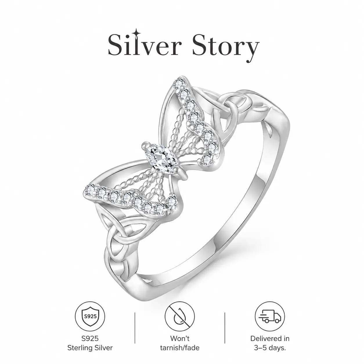 925 Silver Butterfly Ring Is Set With Exquisite 5A-Grade Cubic Zirconia. Whether For An Engagement, Wedding, Party, Everyday Wear, Or As An Anniversary Gift, This Luxurious And Sparkling Cubic Zirconia Ring Is The Perfect Choice. Unique Ring Beautiful Rin