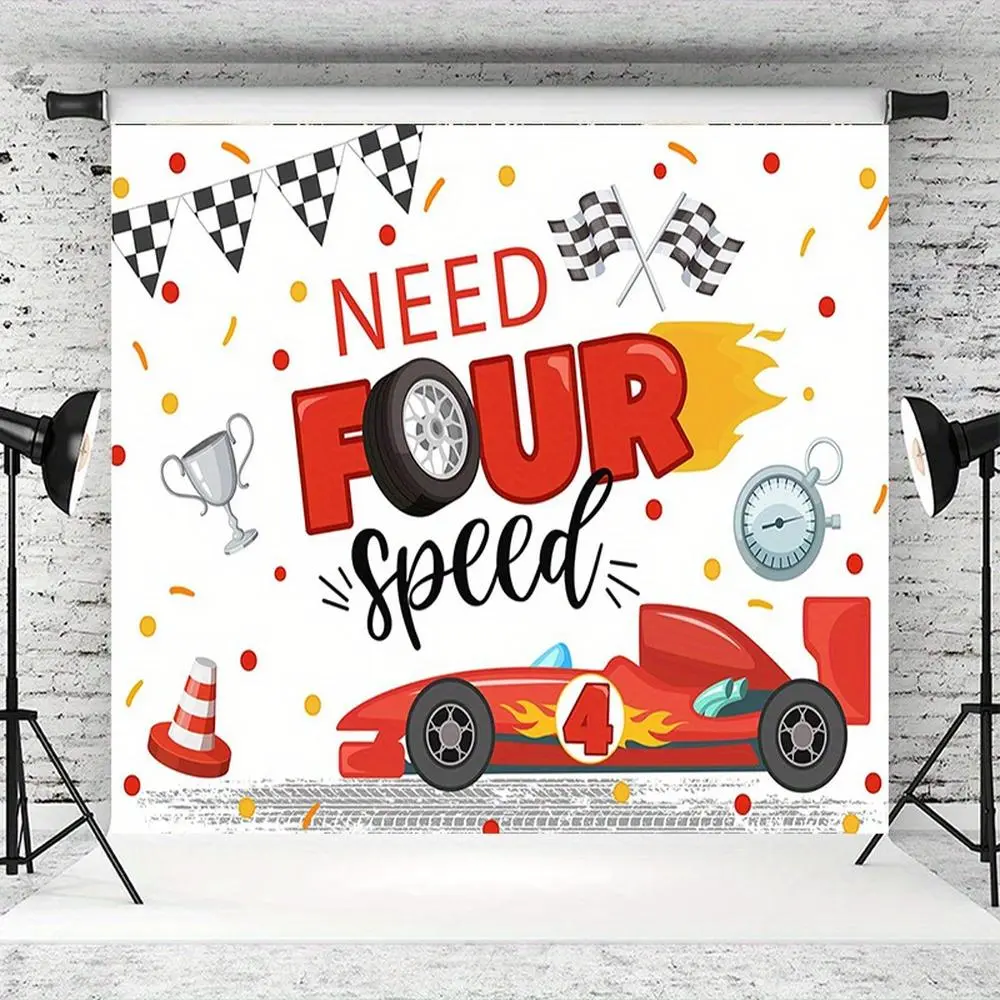 1PC 2D Flat Race Car Themed Kids' 4th Birthday Photo Backdrop, Polyester "Need 4 Speed" Outdoor Standing Banner with Go-Kart, Flags, Trophies, Reusable Cloth for Photography Prop & Festive Party Supplies, Outdoor Banners, Photo Backdrops, Happy Birthday
