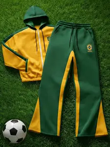 Men's Spring and Autumn Brazilian Team Color Contrast Stitching Hooded Cardigan Sweatshirt Wide-leg Sweatpants Suit Streetwear Tracksuit Set Soccer Style Street Trend Casual Loose Sports Everyday