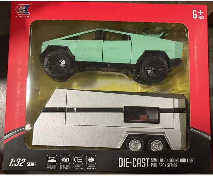 1:32 Scale Diecast Cybertruck Pickup & Camper Trailer RV Model Toy Set, Metal Alloy Pull-Back Car with Light & Sound, Openable Doors, Realistic Look, Gift for Boys Car Collection